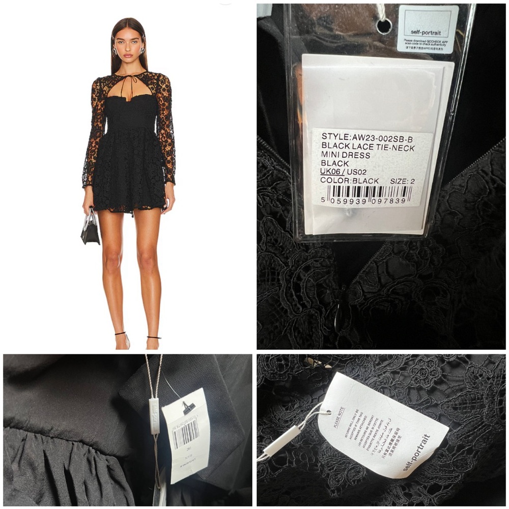 NWT Self-Portrait Tie-neck Mini Dress Black Lace Sleeves US 2 UK 6